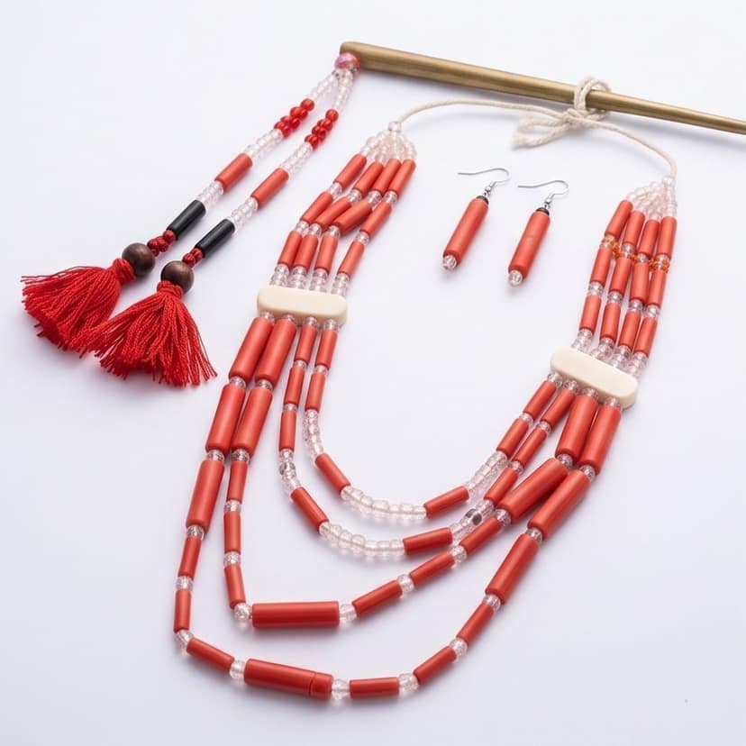 Handcrafted Multi-layered Red Bead Ethnic Necklace Set view 3