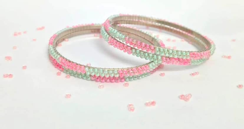 FSH Pink And Green Bead Bangles Set Of 4 view 2