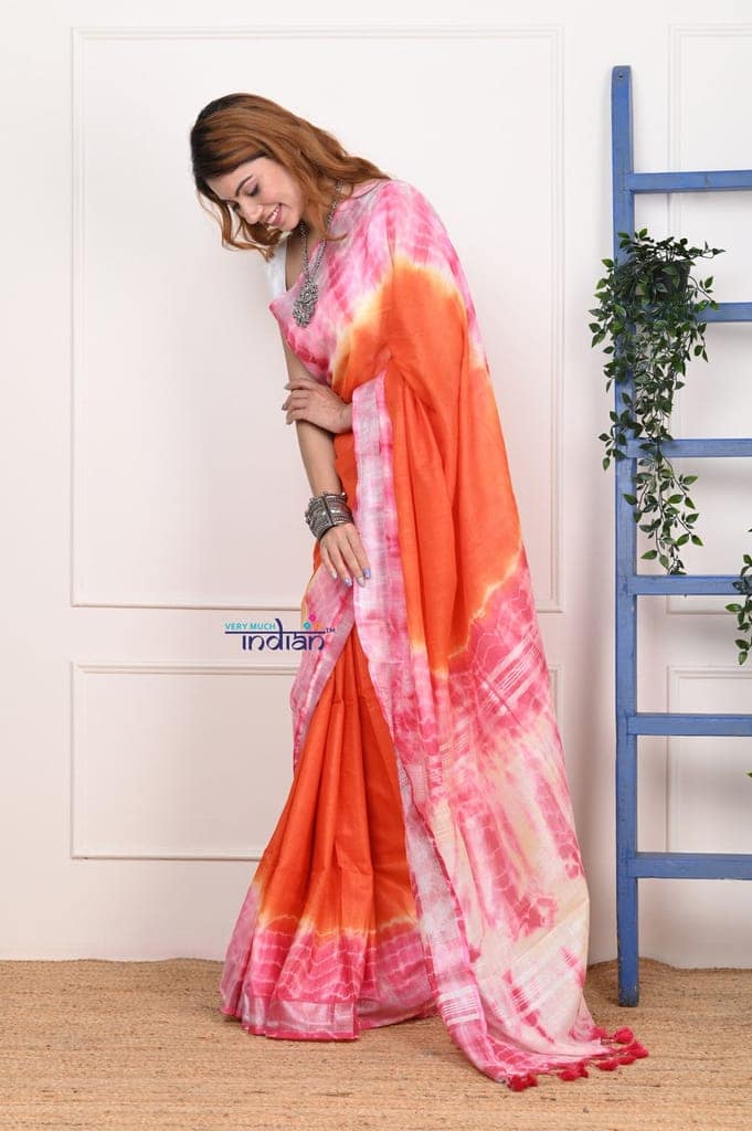 EXCLUSIVE! Handmade Tie and Dye Cotton Orange Lehriya Saree By Women Weavers view 2