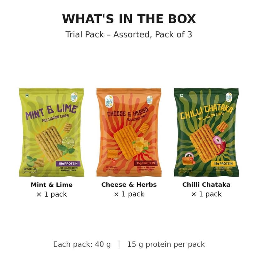 FarmFresco Protein Multigrain Chips Trial Pack - Mint & Lime, Cheese & Herbs, Chilli Chataka (3 x 40g) view 2