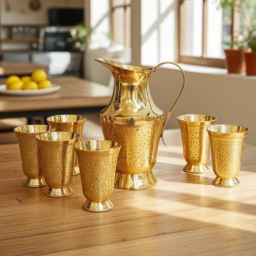 Brass Jug with 6 Glasses ? Lemon Set | Luxury Drinkware Combo, Height : 9 Inch (ZMAS234 C) view 2