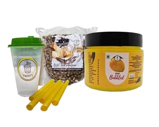 Twisty The Boba Station� Combo Kit | 1 Kg Tapioca Pearls, 350 Grams Mango Popping Boba With 10 Straws (12mm) And 1 Sipper Cup For Bubble Tea, Ice Cream, Smoothies And Milkshakes