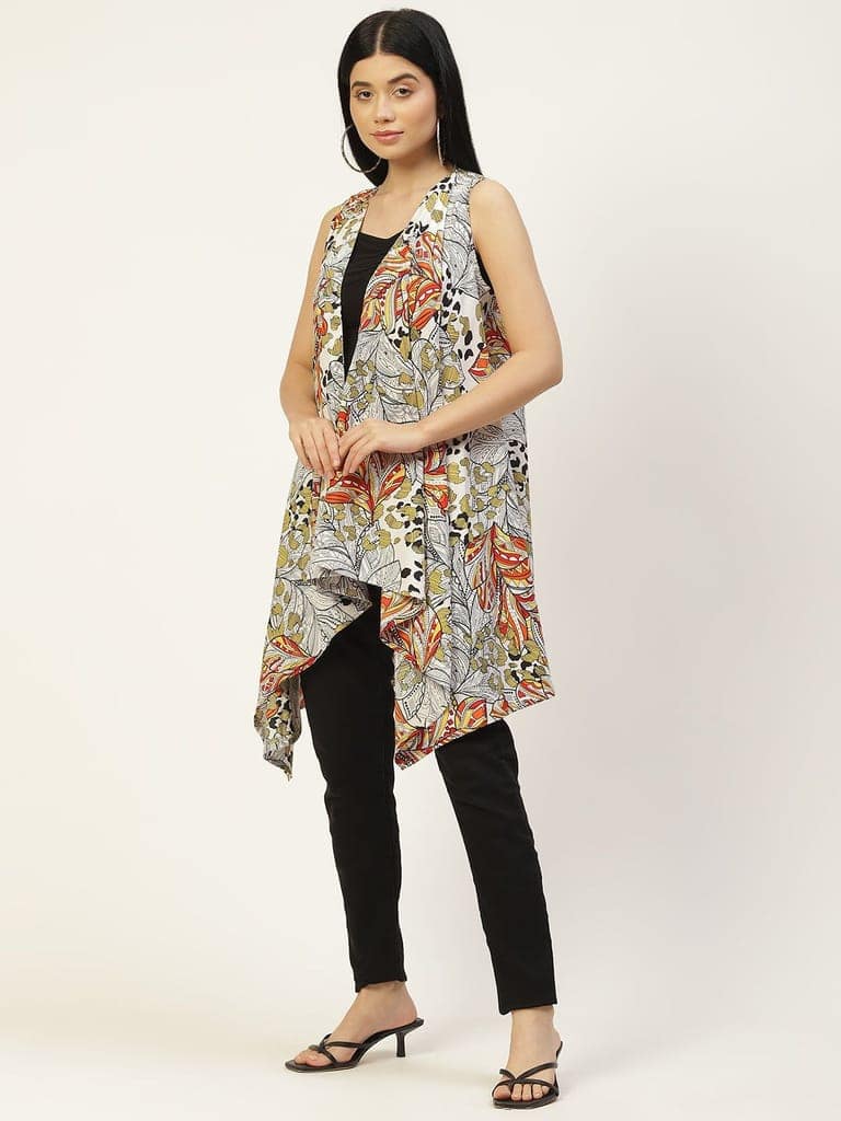 Women White & Red Printed Longline Waterfall Shrug view 3