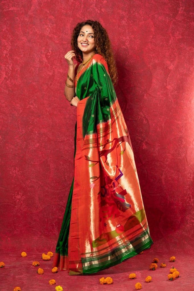 Handloom Pure Silk Muniya Border Paithani Saree with Traditional Radha Krishna Pallu ~ Royal Green view 2