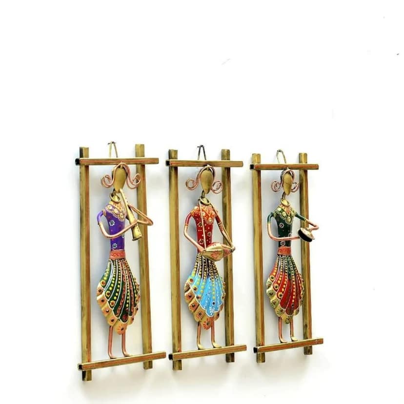 Shree Vishwakarma Handicrafts - Handmade Rajasthani Musician Showpiece for wall decoration for living room - wall decoration items for bedroom - Metal - Multicolour - Set of 3 Frames - Medium size