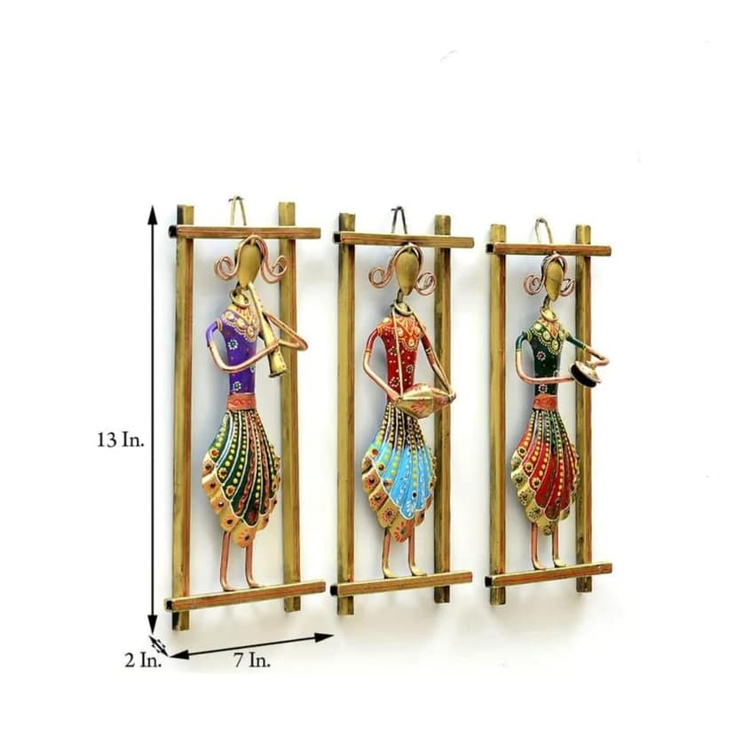 Shree Vishwakarma Handicrafts - Handmade Rajasthani Musician Showpiece for wall decoration for living room - wall decoration items for bedroom - Metal - Multicolour - Set of 3 Frames - Medium size view 2