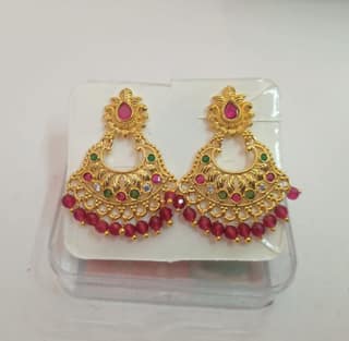 14k Gold Plated Chandbali Earrings with Ruby and Emerald Stones