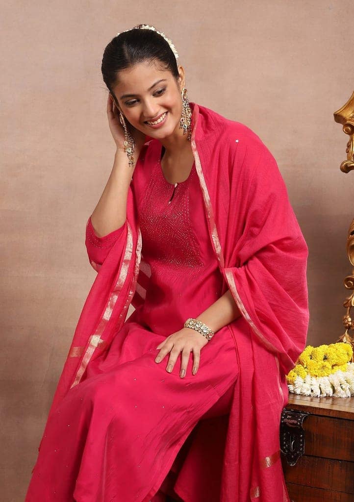 Chanderi Kamdaani Embroidered Solid Women's 4 PC Long Kurta Set - Pink view 6
