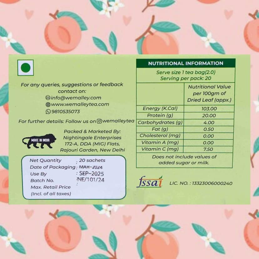 Wemalley Organic Peach Flavored Black Tea Teabags 40 grams| Boosts Heart & Gut Health| Lowers Blood Sugar Level & bad cholesterol| 0% Bitterness| 20 Teabags view 3