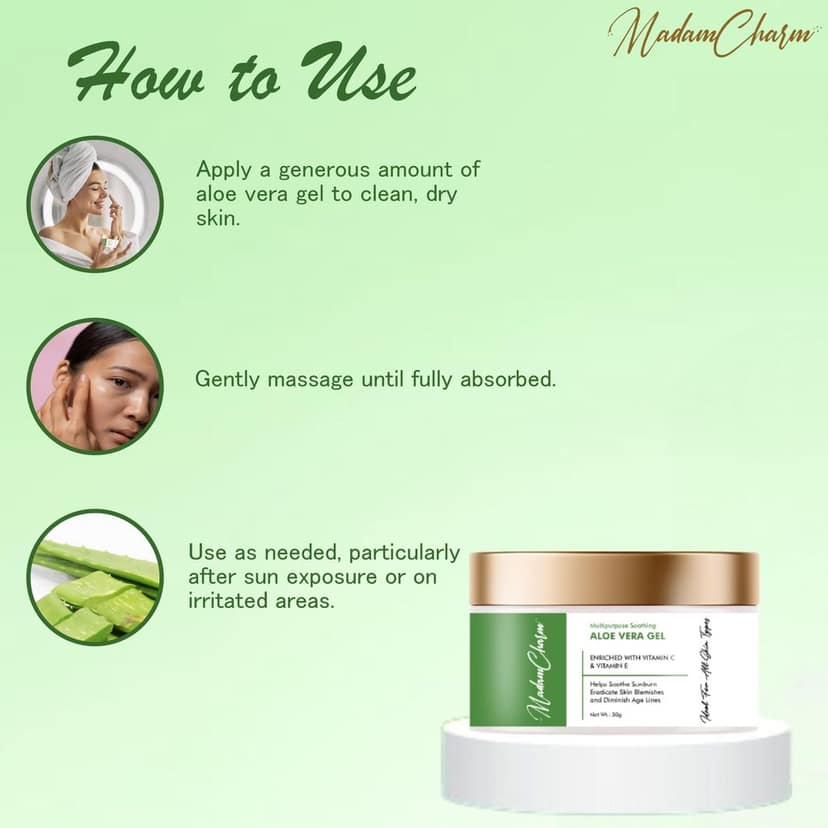 MadamCharm Aloe Vera Gel | Enriched With Vitamin C & Vitamin E | Helps Soothe Sunburn | Eradicate Skin Blemishes | Diminish Age Lines | 50g view 9