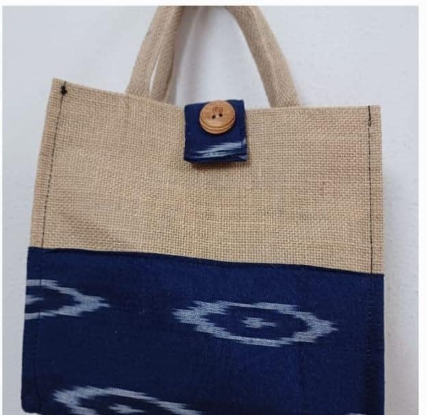 Handmade Jute and Cotton Tote Bag with Blue Geometric Pattern