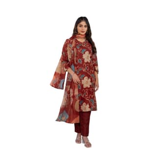 womens cotton blend printed kurti with pant dupatta set rust pid63057