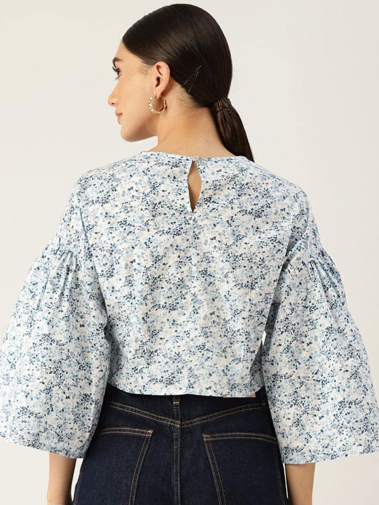 White & Blue Floral Print Cotton Crop Top view 4