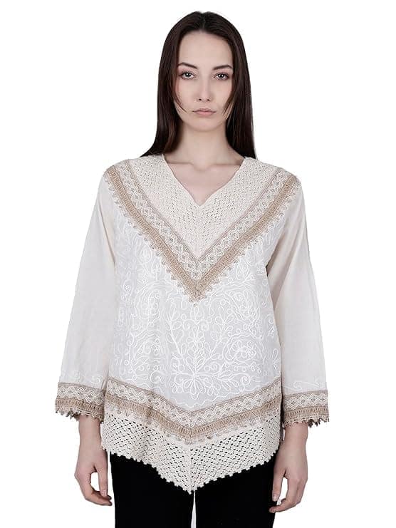 Hand Embroidered Bige Top/Full Sleeves Cotton Tunic/Summer Short Ethnic Chikan Kurti/Boho Short Ethnic Dress for Women view 2