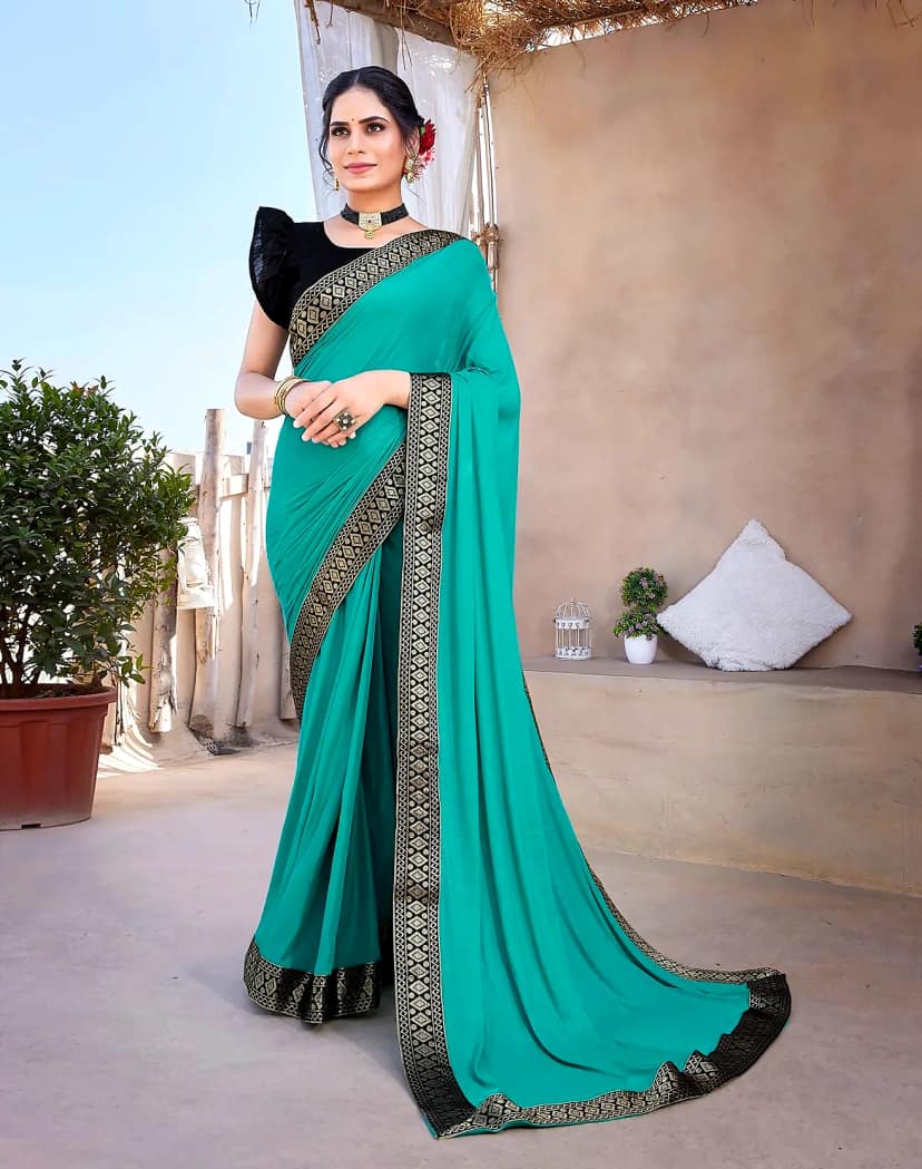 Lycra Saree with Lace Border (Color - Cyan) by SHIV TEXTILES
