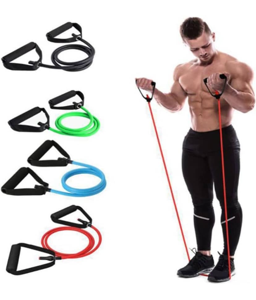 Single Toning Resistance Tube Pull Rope Exercise Band for Stretching, Workout, Home Gym and Toning with Grip D Shaped Foam Handles for Men and Women