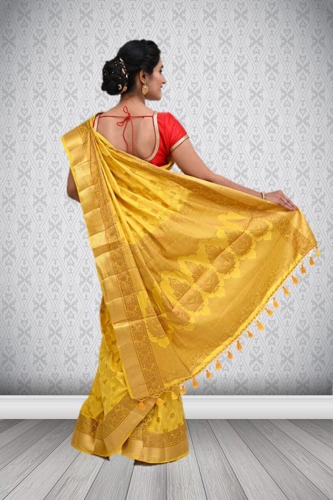 Yellow Semi Silk Saree With Jaal Work and Modish Design view 2