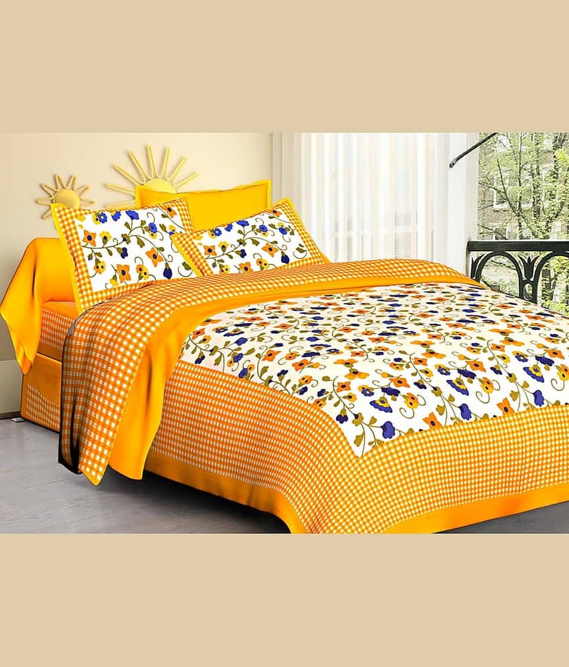 ABHACLOTHO Cotton 1 Double Bedsheet with 2 Pillow Covers ( Yellow )