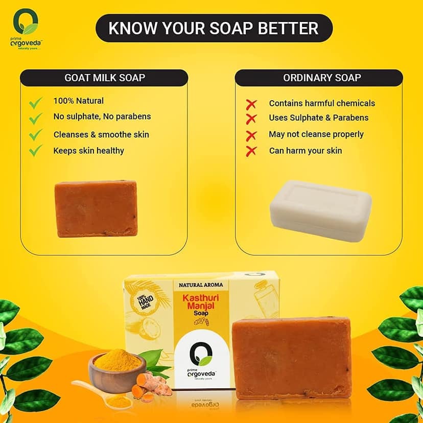 Prime Orgoveda Kasturi Manjal Soap | 100% Natural Organic Handmade, Bathing for All Skin Types -100g view 5
