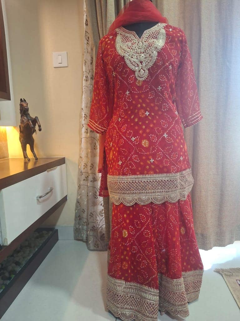 Red Gharara Traditional bhandhani 3pc set in Georget view 4