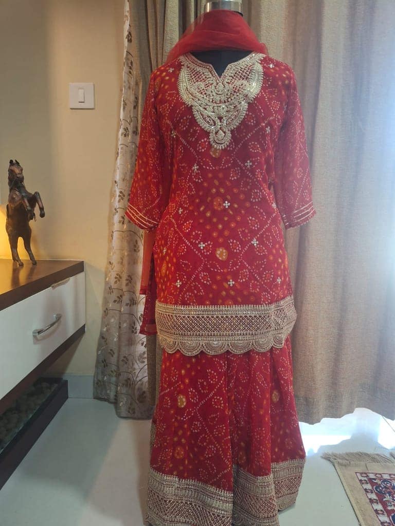 Red Gharara Traditional bhandhani 3pc set in Georget view 5