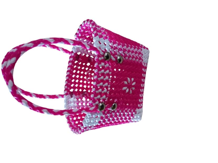 Handmade Pink and White Woven Basket with Handles view 3
