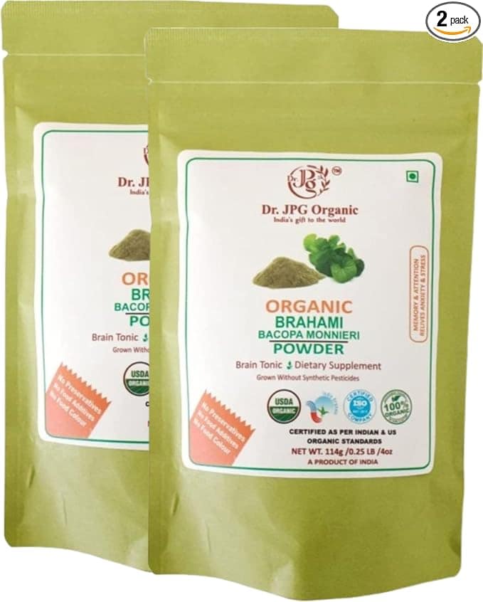 Dr. JPG Organic Herbals Brahmi Powder | Bacopa Monnieri | INDIA ORGANIC Certified | 114g | Pack of 2