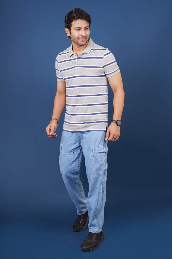 Men's Grey/Navy Striped Polo T-Shirt view 4
