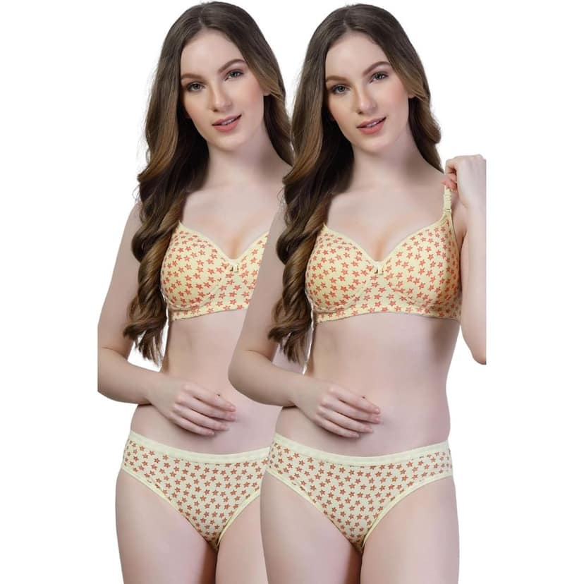 adornstar Women Cotton Lingerie Set with Stars Print Design | Non Wired and Non Padded Bra with Full Coverage Hipster Panty Set | Stylish and Soft Stretchable Fabric (Pack of 2)