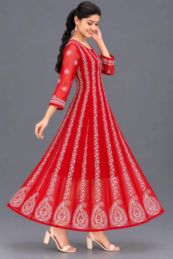 Mrs Right Women’s Lucknowi Chikankari Anarkali Kurta in Soft Georgette | Handcrafted Floral Embroidery | 3/4 Sleeves | 45 Inch Length | 74 Inch Flare | Festive Ethnic Wear view 3