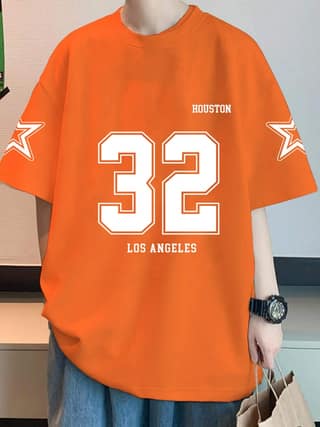 SCOTT FINCHER Men's Summer Casual Short Sleeve T-Shirt Houston 32 Los Angeles Print Orange Oversized T-Shirt : AA(ARN)ORANGE_43