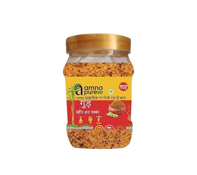 Amno Pure Natural Sugar Cane Jaggery Powder Fine Filtered | Cholestrol free, Fat free & Ayurvedic and 100% Natural 500G Pet Jar