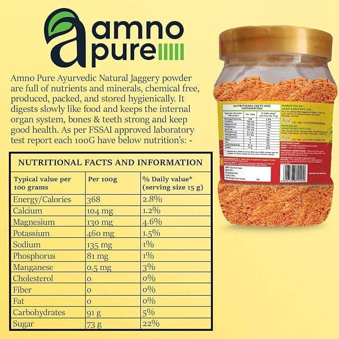 Amno Pure Natural Sugar Cane Jaggery Powder Fine Filtered | Cholestrol free, Fat free & Ayurvedic and 100% Natural 500G Pet Jar view 7