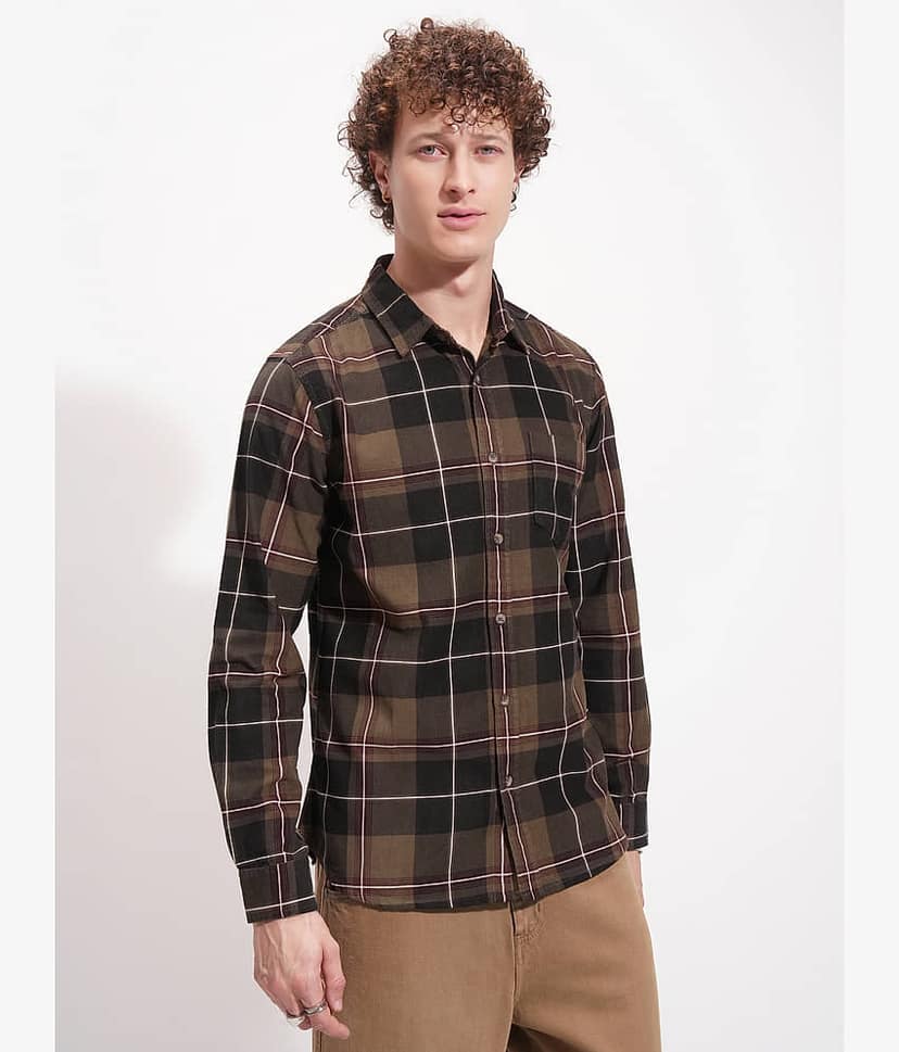 Highlander 100% Cotton Slim Fit Checks Full Sleeves Men's Casual Shirt - Multicolor ( Pack of 1 ) view 6