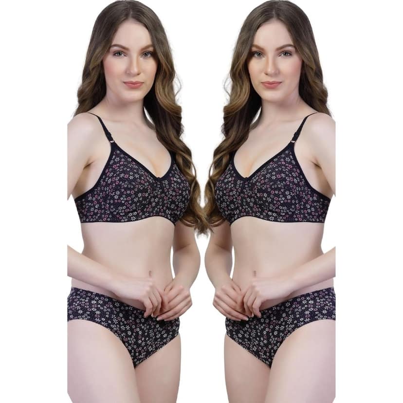 adornstar Women Cotton Lingerie Set with Floral Print Design | Non Wired and Non Padded Bra with Full Coverage Hipster Panty Set | Stylish and Soft Stretchable Fabric (Pack of 2)