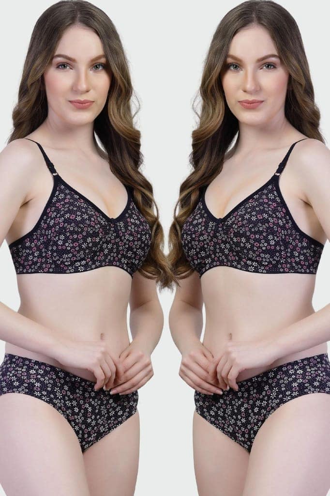 adornstar Women Cotton Lingerie Set with Floral Print Design | Non Wired and Non Padded Bra with Full Coverage Hipster Panty Set | Stylish and Soft Stretchable Fabric (Pack of 2) view 2