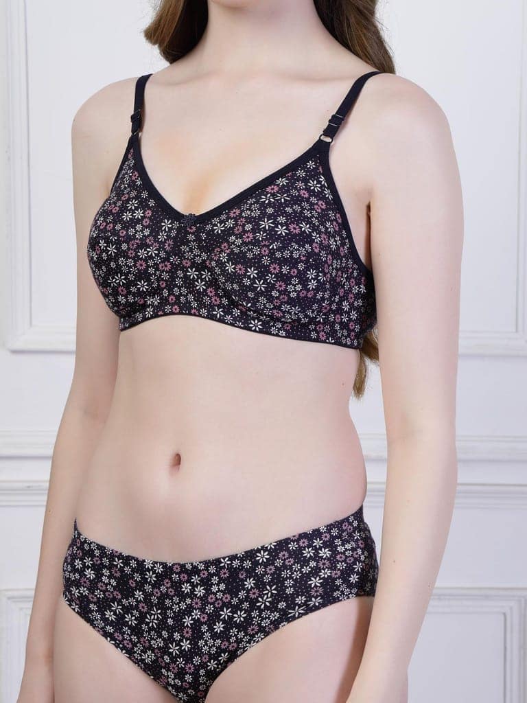 adornstar Women Cotton Lingerie Set with Floral Print Design | Non Wired and Non Padded Bra with Full Coverage Hipster Panty Set | Stylish and Soft Stretchable Fabric (Pack of 2) view 4