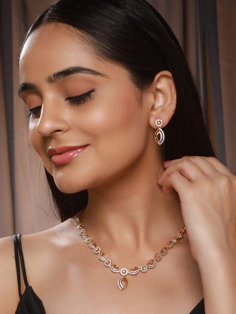 Gold Toned AD Studded Minimal Leaf Design Pendant Jewellery Set view 2