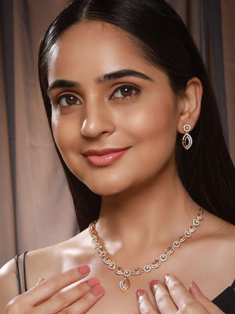 Gold Toned AD Studded Minimal Leaf Design Pendant Jewellery Set view 3