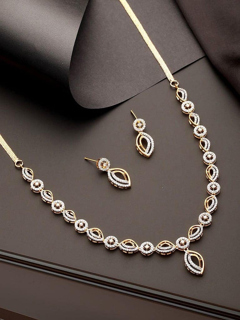 Gold Toned AD Studded Minimal Leaf Design Pendant Jewellery Set view 4