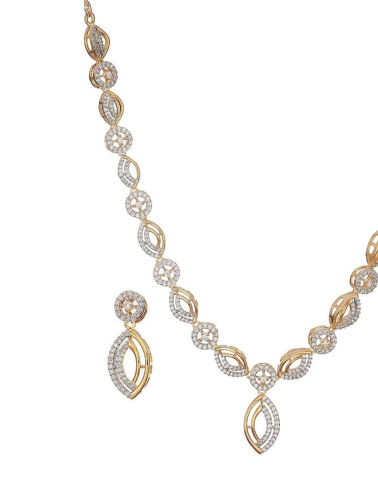 Gold Toned AD Studded Minimal Leaf Design Pendant Jewellery Set view 5