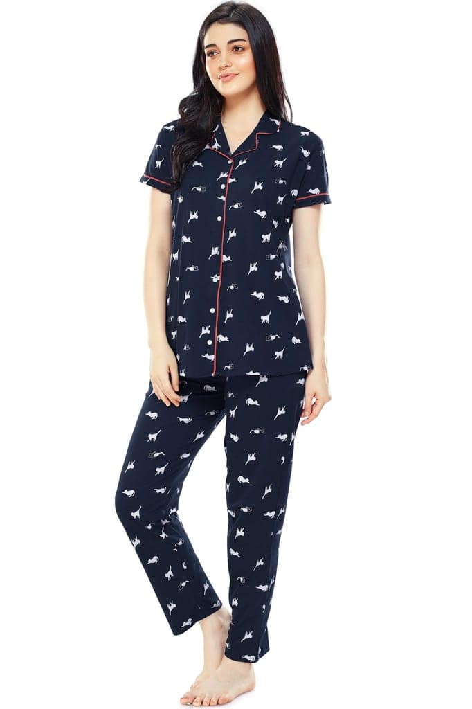 ZEYO Women's Cotton Navy Blue Cat Printed Stylish Night suit set view 4