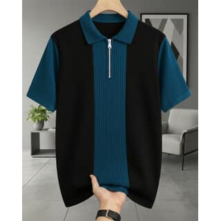 Ausk Mens Teal Blue, Black Graphic Print Cotton Blend Polo Collar T-Shirt