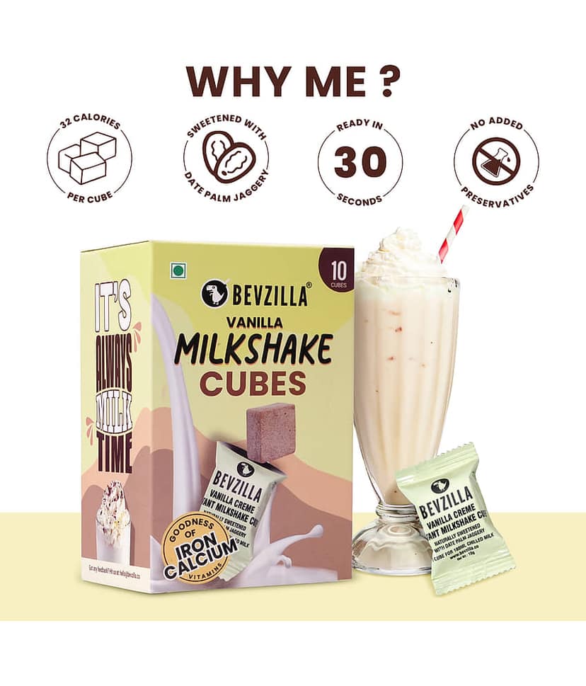 Bevzilla 10 Milkshake Cubes Vanilla Cream Instant Milkshake Pack with Organic Date Palm Jaggery, Drop Stir & Enjoy view 3