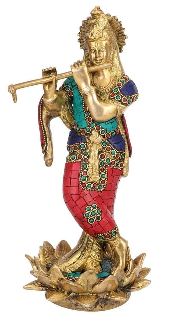 ARTVARKO Brass Murti Lord Krishna Bhagwan Statue Playing Flute on Colored Lotus Turquoise Home Decor Living Pooja Room Mandir Temple Hotel Gallary Height 11 Inch view 2