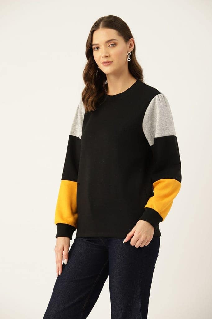 Women Black Colourblocked Pullover Sweatshirt view 5