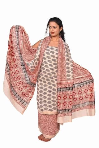 Handwoven White Cotton Silk Mix Maheshwari Bagh Print Suit Material 1STXSARMP00167-14