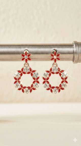 Elegant Rose Gold-Plated Red Enamel Floral Drop Earrings with Rhinestones for Women