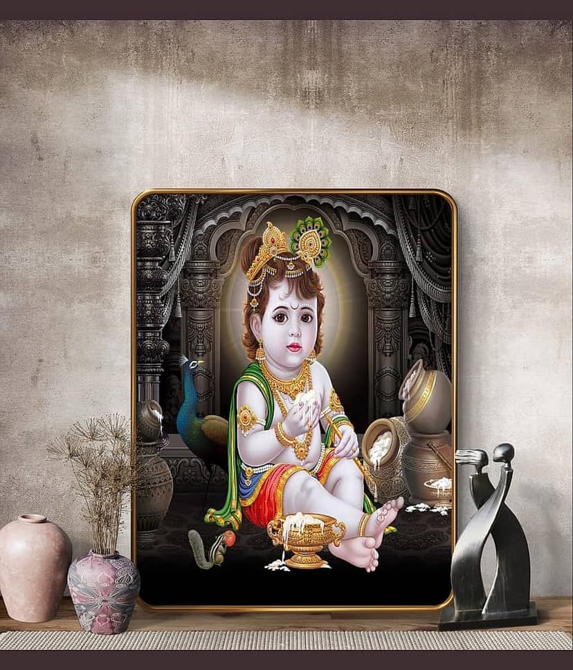 SAF Bal Krishna Makhan Chor Wall Painting | Golden Frame Sparkle Laminated MDF Poster | Baby Krishna Art for Home Temple Pooja Room | Kanha Ji Janmashtami Gift Decorative Wall Frame