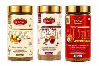 LEZZIVO Complete Kitchen Combo Pack (300g) | All In One Masala + Tea Masala + Chaat Masala | 3 Jars x 100g